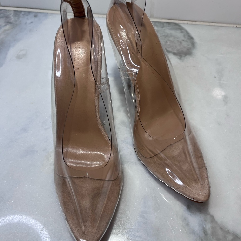 Cinderellas glass slippers. Elegant Clear Women's Heels, size 40.